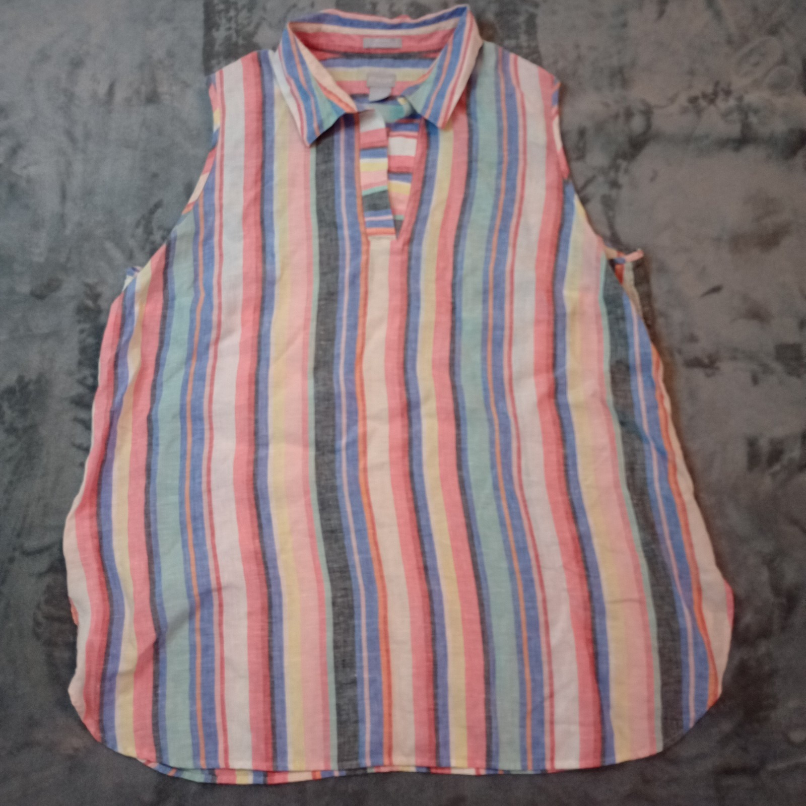 Chicos 100% Linen Shirt Womens Size 3 Rainbow Vertical Stripe Blouse Top